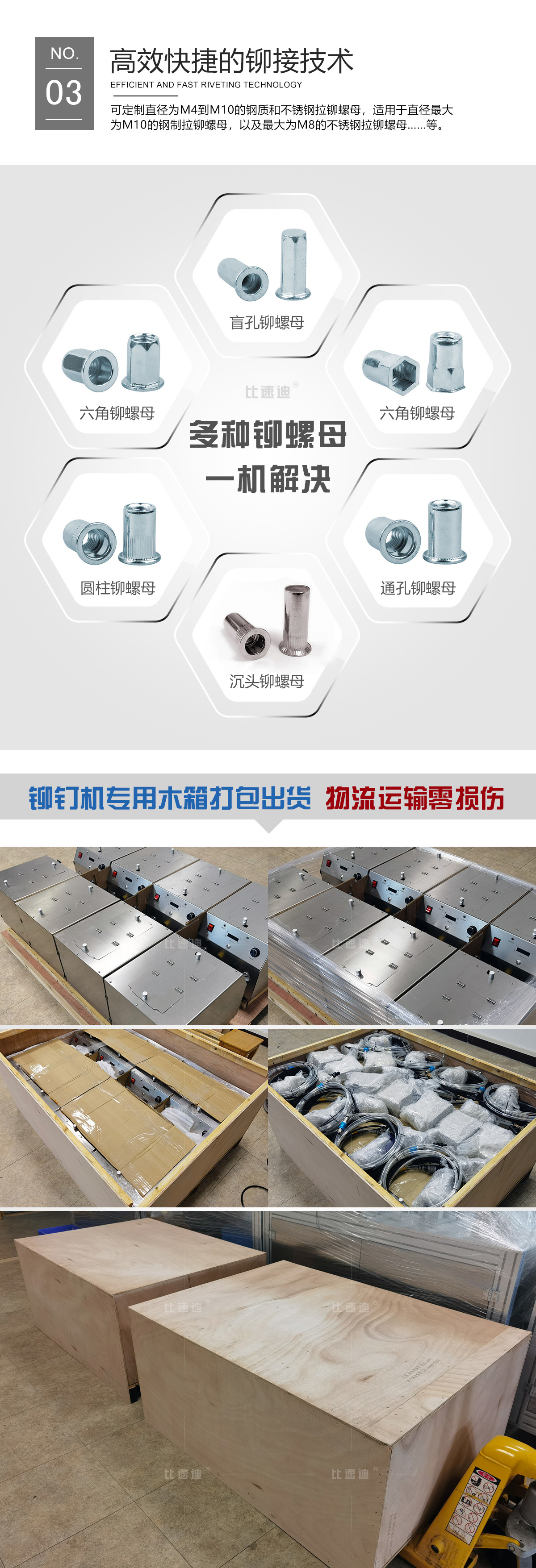 自动送料铆螺母枪适配盲孔、六角、圆柱、沉头、通孔铆螺母，木箱打包出货