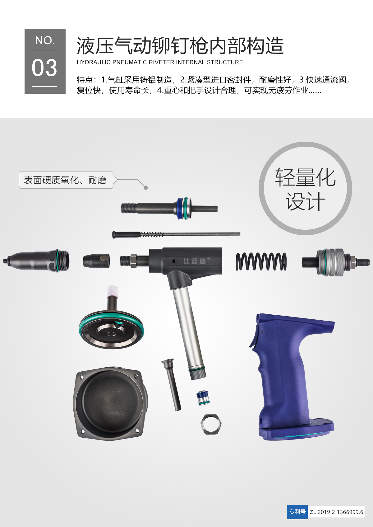 一出二双枪款自动拉钉机,液压气动铆钉枪内部构造分解,铸铝气缸、表面硬质氧化、轻量化设计 一出二双枪款自动拉钉机,液压气动铆钉枪内部构造分解,铸铝气缸、表面硬质氧化、轻量化设计