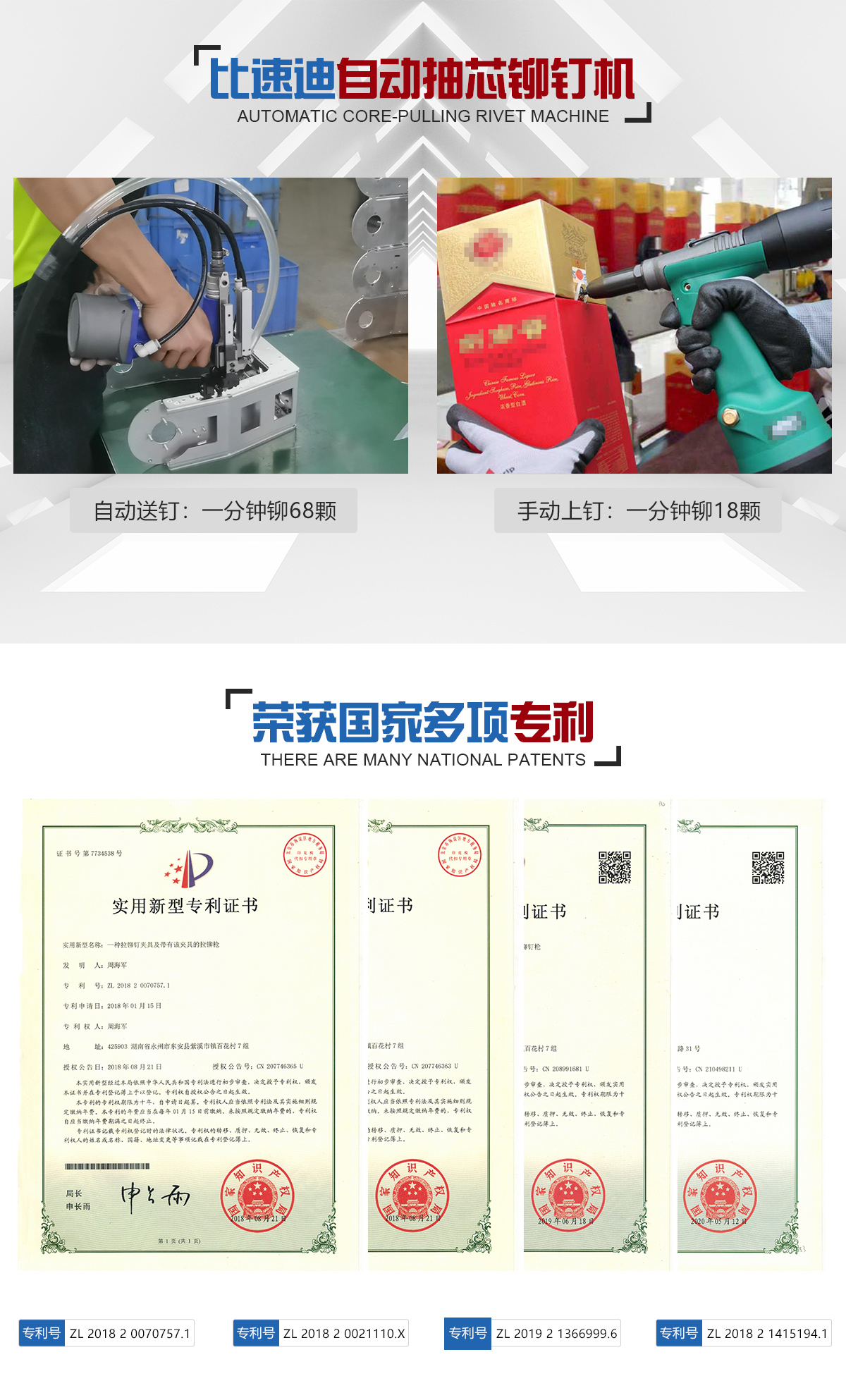 자동 블라인드 리벳기, 자동 급지와 수작업 효율 비교 및 국가 특허증서 자동 블라인드 리벳기, 자동 급지와 수작업 효율 비교 및 국가 특허증서